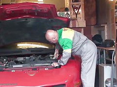These couple of chaps are looking forward to fixing the car when the hawt young teen walks into the garage and all of sudden instead of fixing the car they want to fit their cocks into the tight pussy of this teen. She is specially attracted to the bald stud as this babe walks off hand in hand to fuck them.